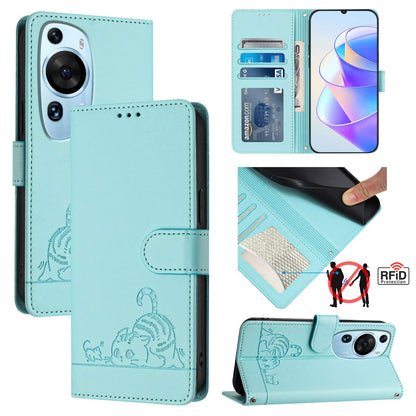 Huawei P60 Art Leather Phone Case with Cat and Rat Embossed Pattern, RFID Protection, Card Holder Slots, Anti-fall Feature & Lanyard