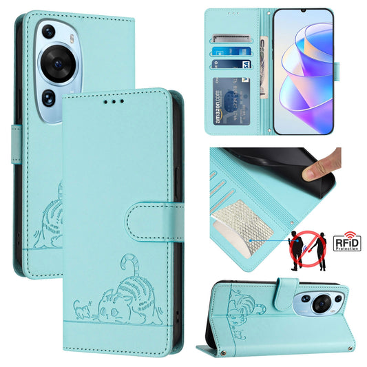 Huawei P60 Art Leather Phone Case with Cat and Rat Embossed Pattern, RFID Protection, Card Holder Slots, Anti-fall Feature & Lanyard