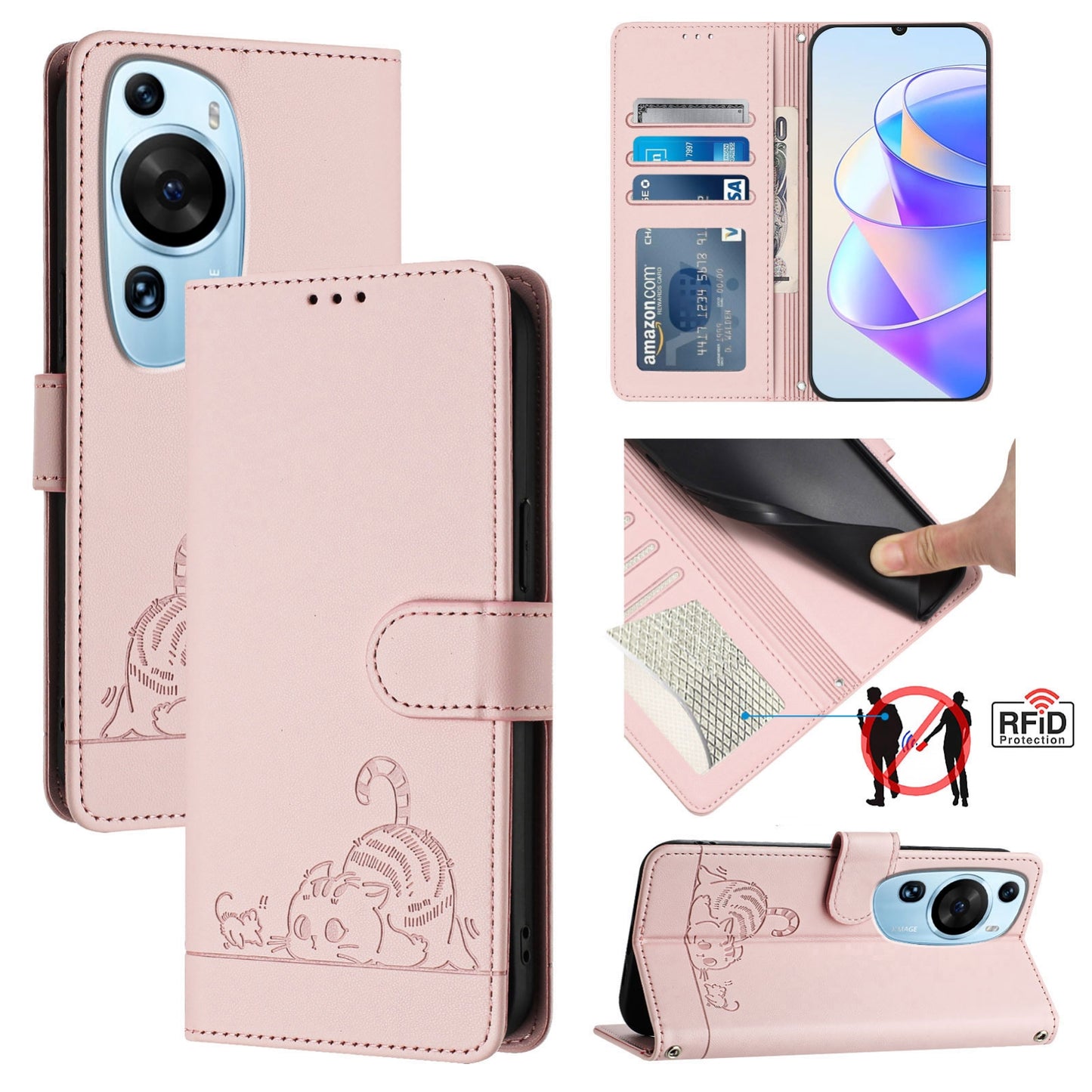 Huawei P60 Art Leather Phone Case with Cat and Rat Embossed Pattern, RFID Protection, Card Holder Slots, Anti-fall Feature & Lanyard