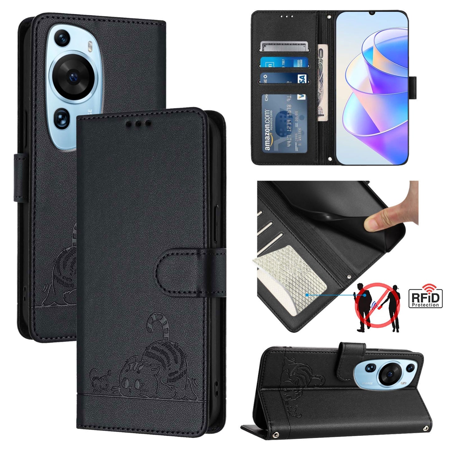 Huawei P60 Art Leather Phone Case with Cat and Rat Embossed Pattern, RFID Protection, Card Holder Slots, Anti-fall Feature & Lanyard