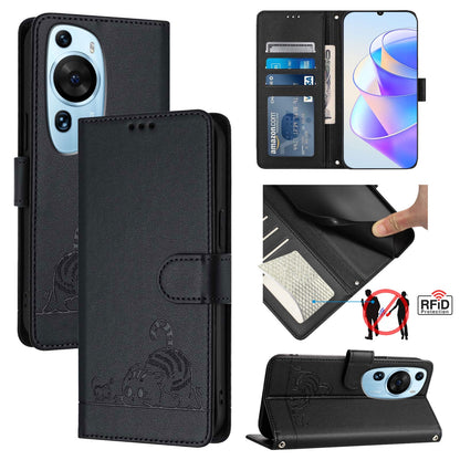 Huawei P60 Art Leather Phone Case with Cat and Rat Embossed Pattern, RFID Protection, Card Holder Slots, Anti-fall Feature & Lanyard