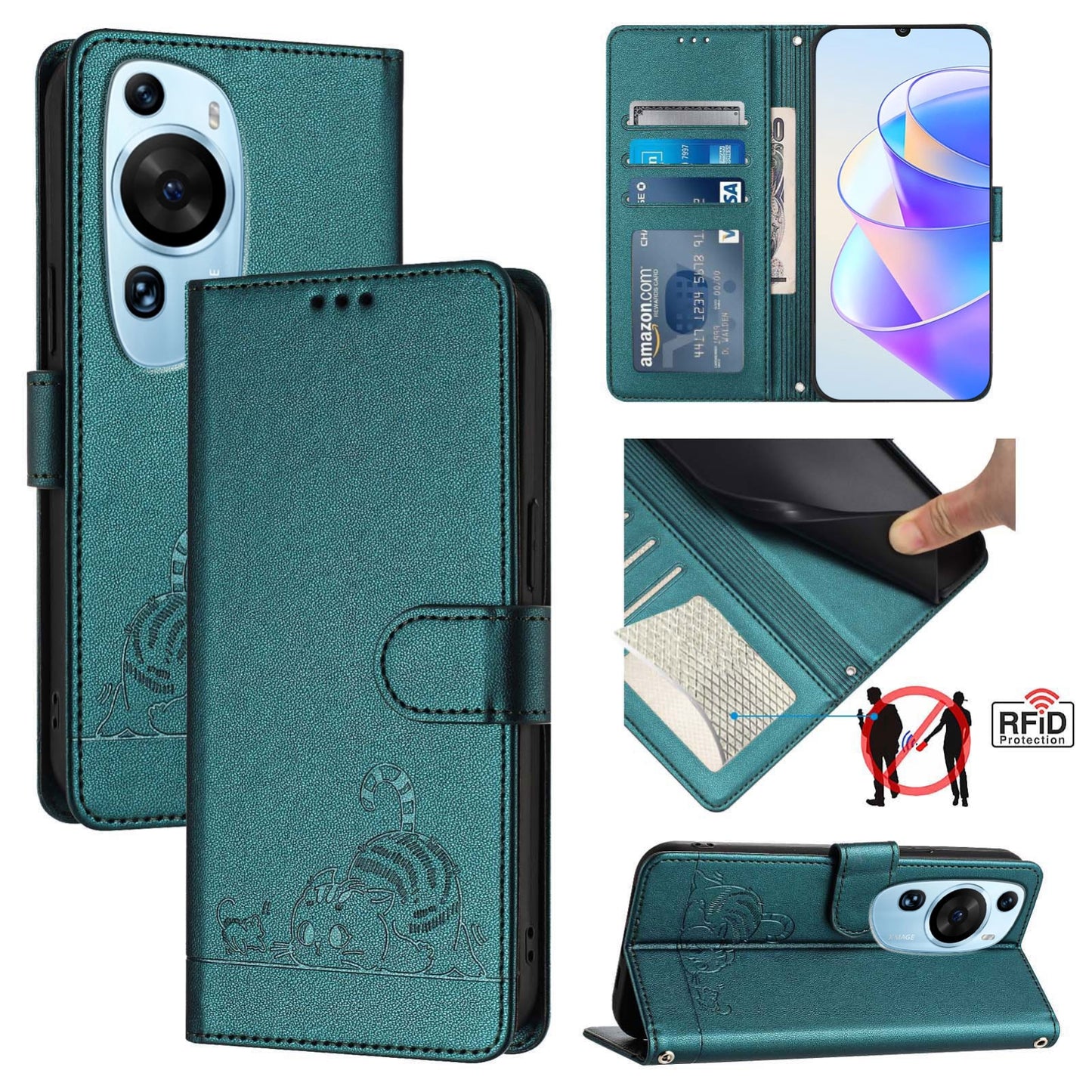 Huawei P60 Art Leather Phone Case with Cat and Rat Embossed Pattern, RFID Protection, Card Holder Slots, Anti-fall Feature & Lanyard
