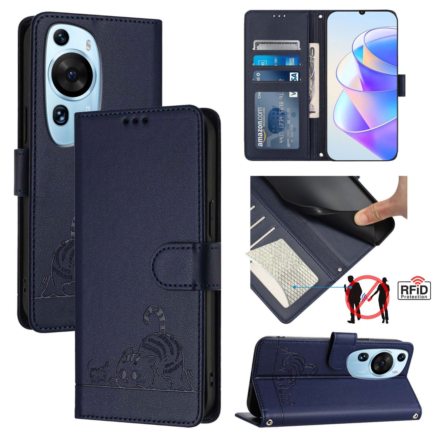Huawei P60 Art Leather Phone Case with Cat and Rat Embossed Pattern, RFID Protection, Card Holder Slots, Anti-fall Feature & Lanyard