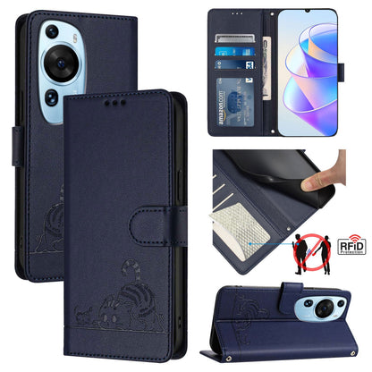 Huawei P60 Art Leather Phone Case with Cat and Rat Embossed Pattern, RFID Protection, Card Holder Slots, Anti-fall Feature & Lanyard