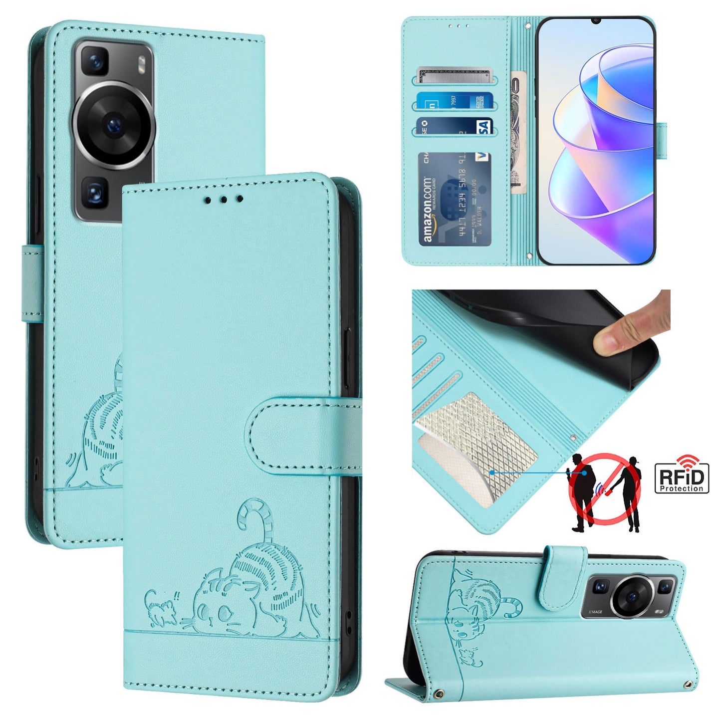 Huawei P60 Leather Phone Case with Cat and Rat Embossed Pattern, RFID Protection, Card Holder Slots, Anti-fall Feature & Lanyard