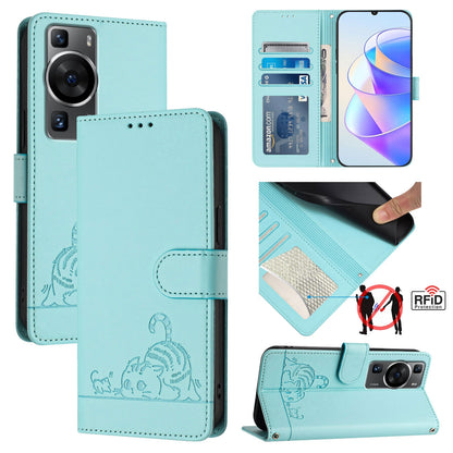 Huawei P60 Leather Phone Case with Cat and Rat Embossed Pattern, RFID Protection, Card Holder Slots, Anti-fall Feature & Lanyard