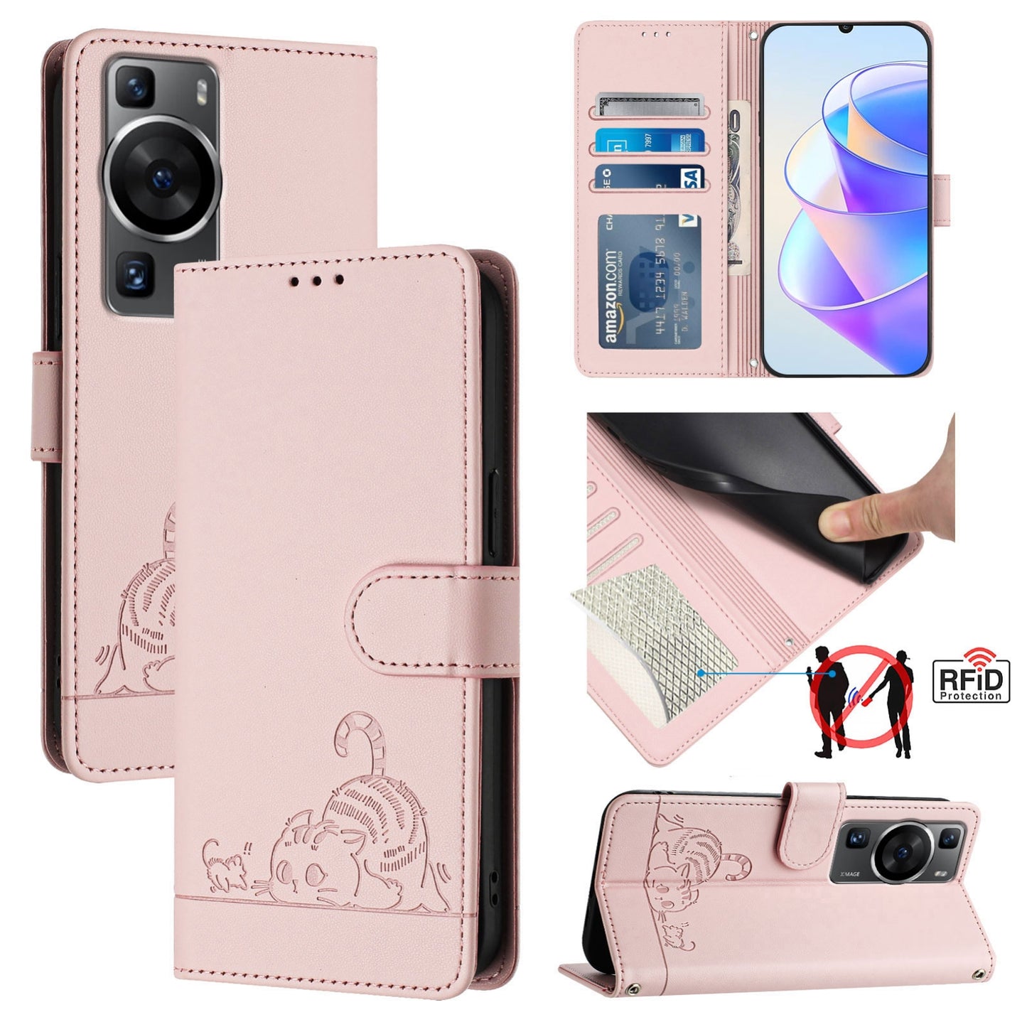 Huawei P60 Leather Phone Case with Cat and Rat Embossed Pattern, RFID Protection, Card Holder Slots, Anti-fall Feature & Lanyard