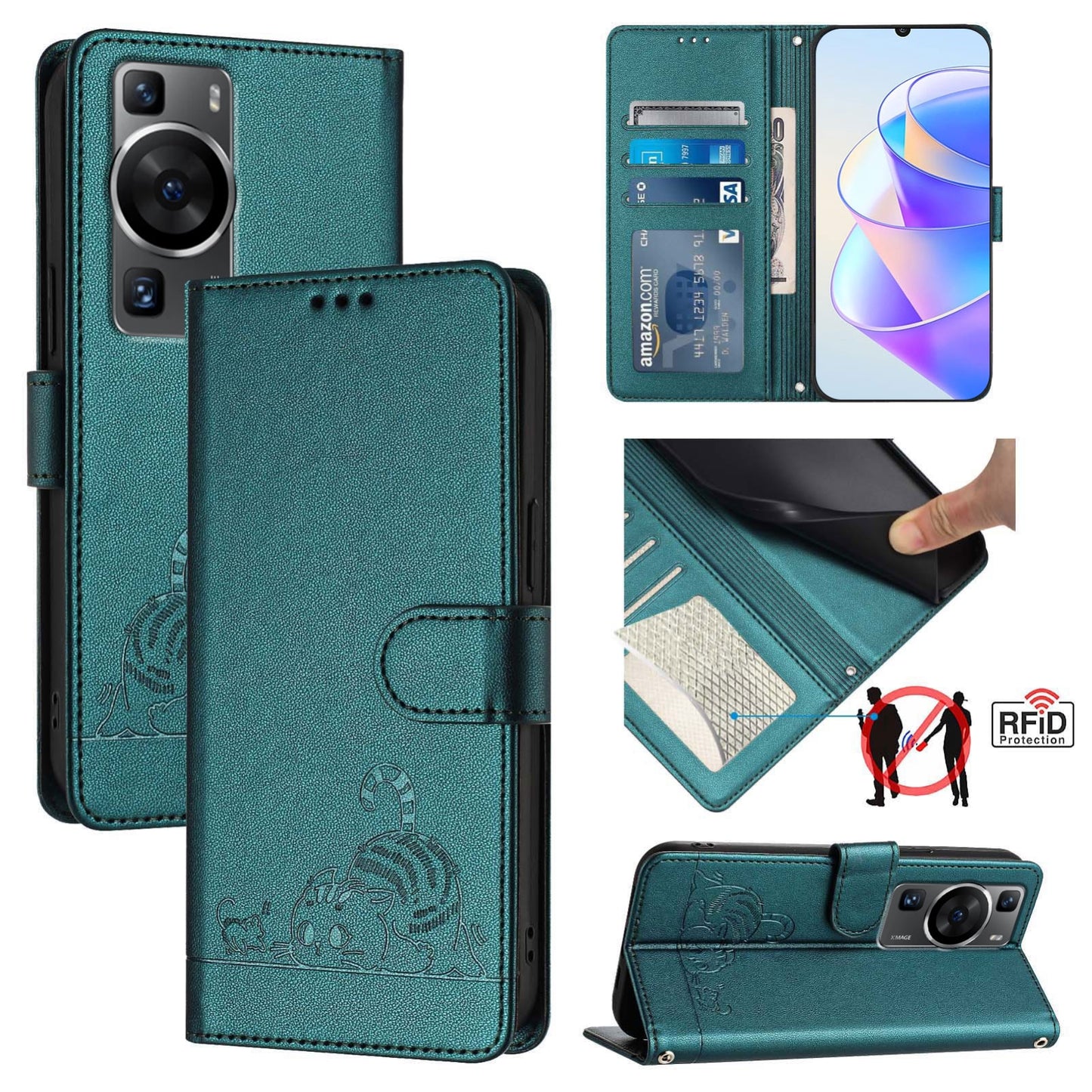 Huawei P60 Pro Leather Phone Case with Cat and Rat Embossed Pattern, RFID Protection, Card Holder Slots, Anti-fall Feature & Lanyard