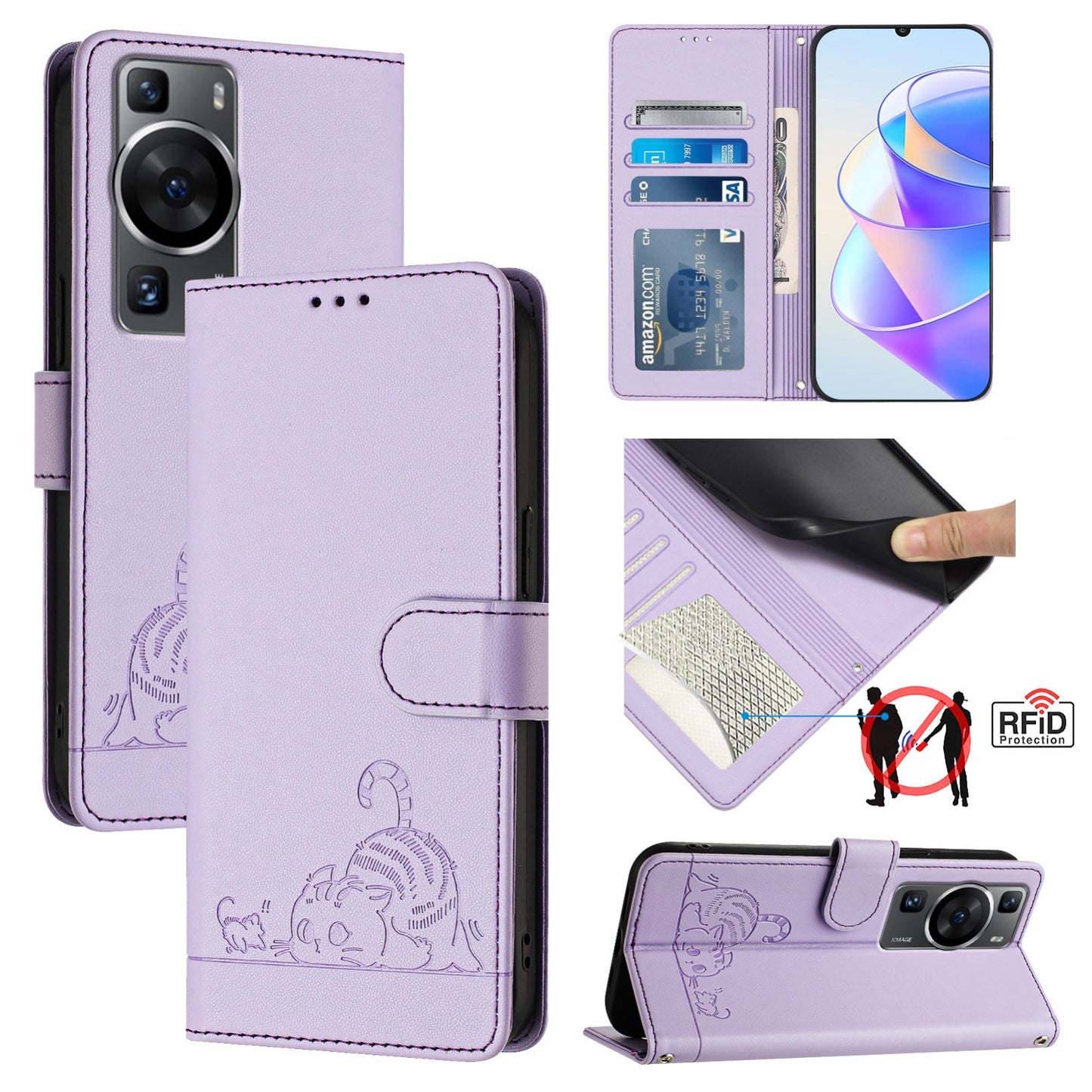 Huawei P60 Pro Leather Phone Case with Cat and Rat Embossed Pattern, RFID Protection, Card Holder Slots, Anti-fall Feature & Lanyard