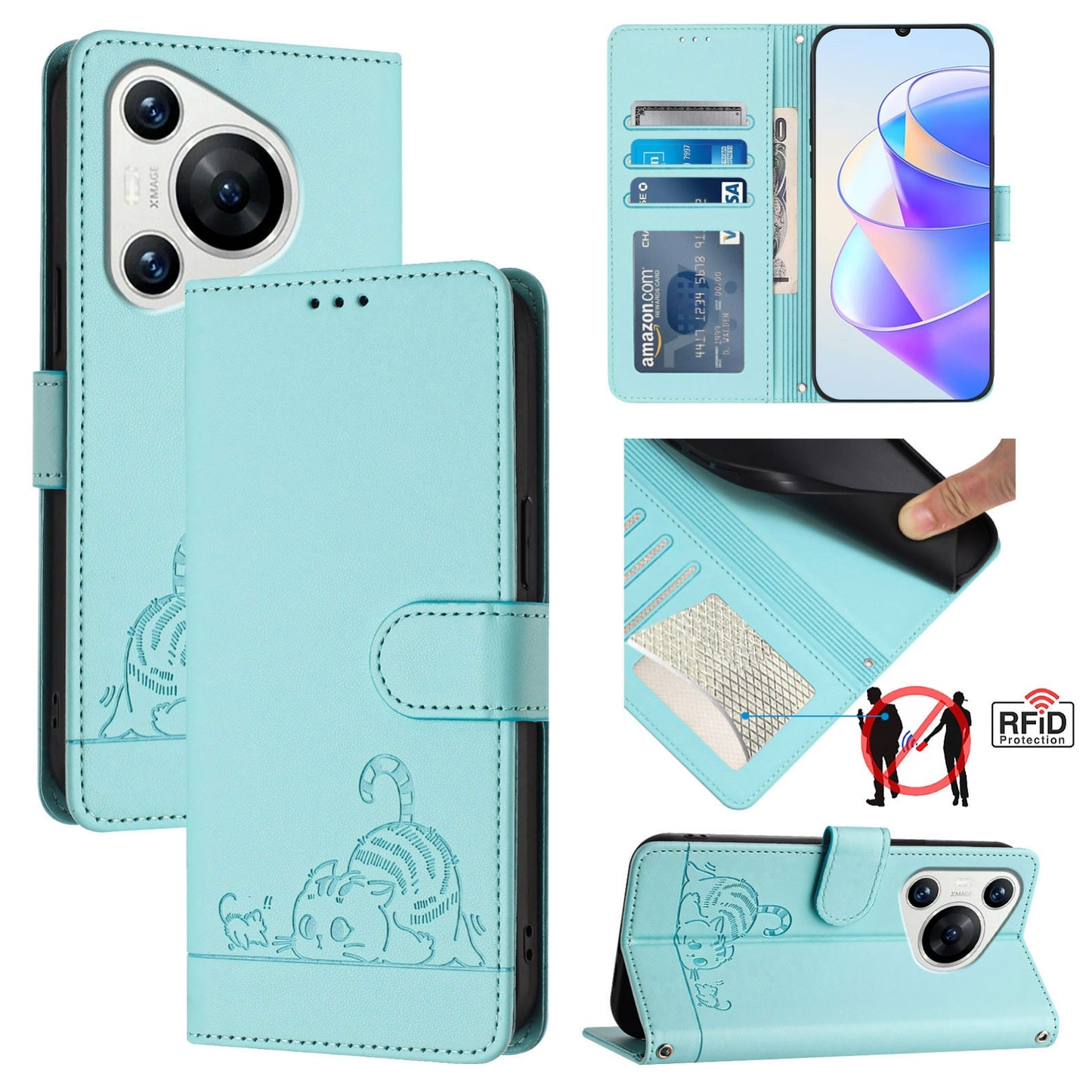 Huawei Pura 70 Leather Phone Case with Cat and Rat Embossed Pattern, RFID Protection, Card Holder Slots, Anti-fall Feature & Lanyard