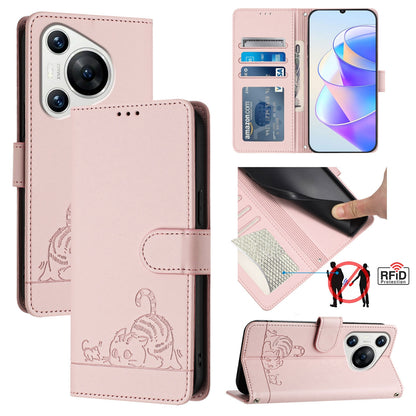 Huawei Pura 70 Leather Phone Case with Cat and Rat Embossed Pattern, RFID Protection, Card Holder Slots, Anti-fall Feature & Lanyard