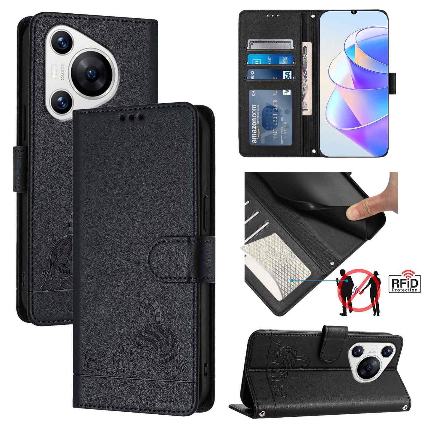 Huawei Pura 70 Leather Phone Case with Cat and Rat Embossed Pattern, RFID Protection, Card Holder Slots, Anti-fall Feature & Lanyard