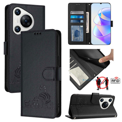 Huawei Pura 70 Leather Phone Case with Cat and Rat Embossed Pattern, RFID Protection, Card Holder Slots, Anti-fall Feature & Lanyard