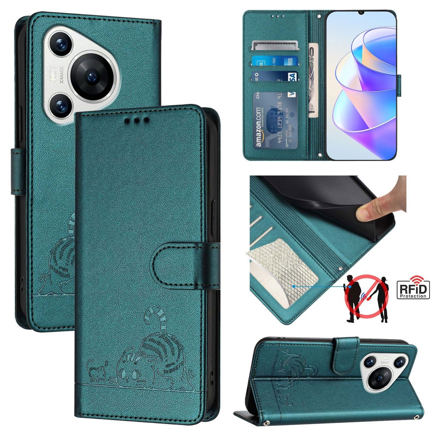 Huawei Pura 70 Leather Phone Case with Cat and Rat Embossed Pattern, RFID Protection, Card Holder Slots, Anti-fall Feature & Lanyard