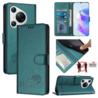 Huawei Pura 70 Leather Phone Case with Cat and Rat Embossed Pattern, RFID Protection, Card Holder Slots, Anti-fall Feature & Lanyard