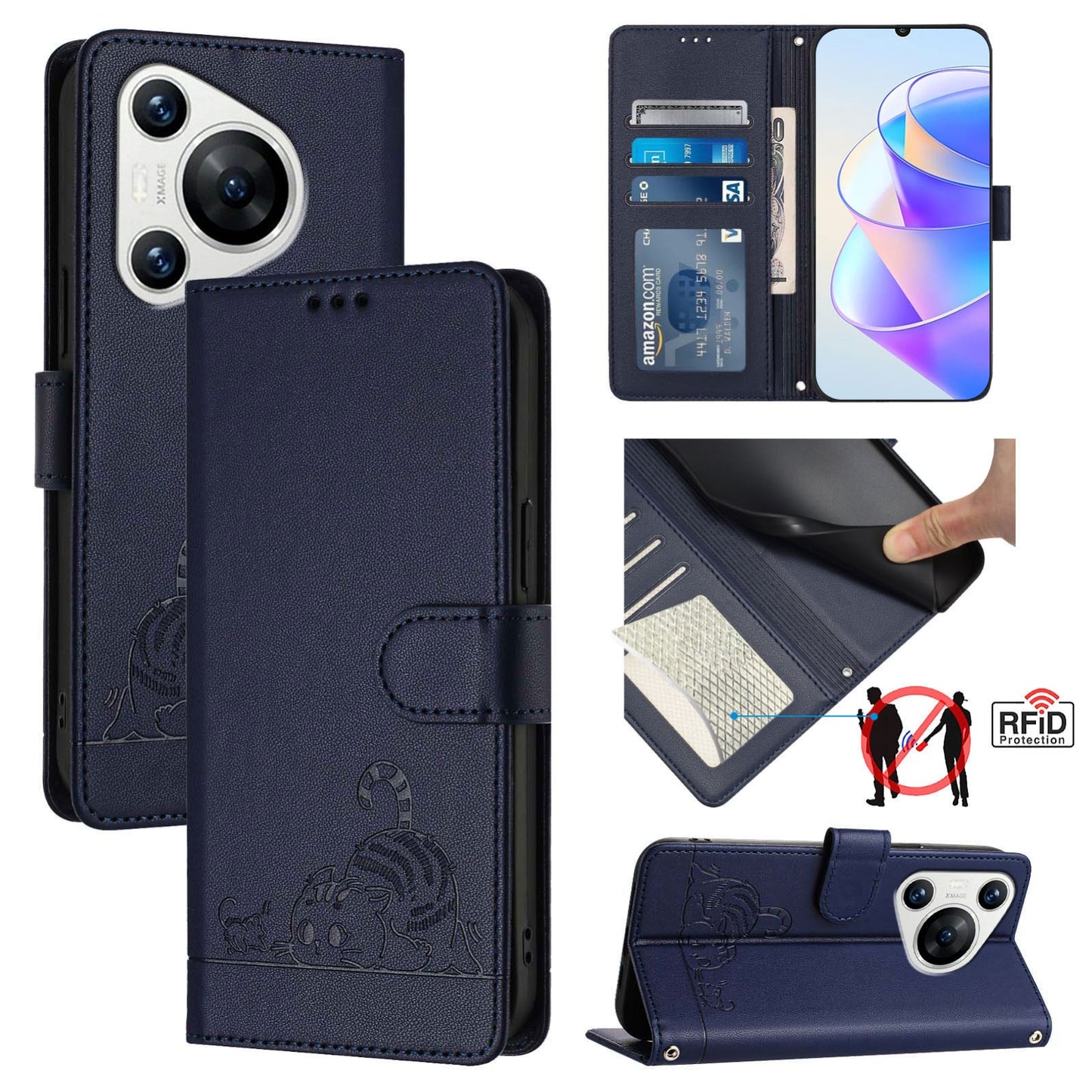 Huawei Pura 70 Leather Phone Case with Cat and Rat Embossed Pattern, RFID Protection, Card Holder Slots, Anti-fall Feature & Lanyard