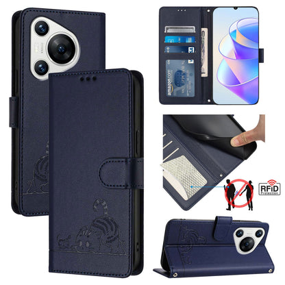 Huawei Pura 70 Leather Phone Case with Cat and Rat Embossed Pattern, RFID Protection, Card Holder Slots, Anti-fall Feature & Lanyard