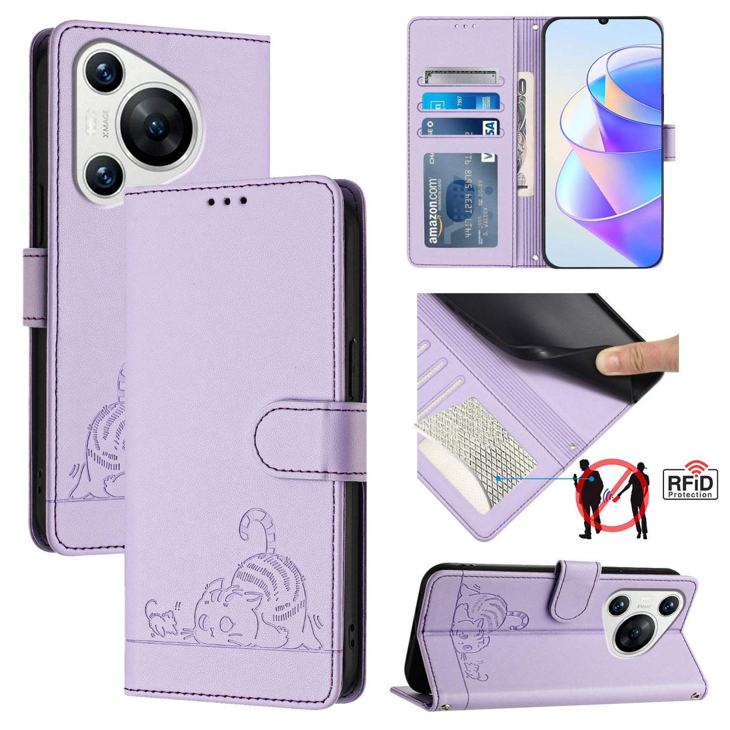 Huawei Pura 70 Leather Phone Case with Cat and Rat Embossed Pattern, RFID Protection, Card Holder Slots, Anti-fall Feature & Lanyard