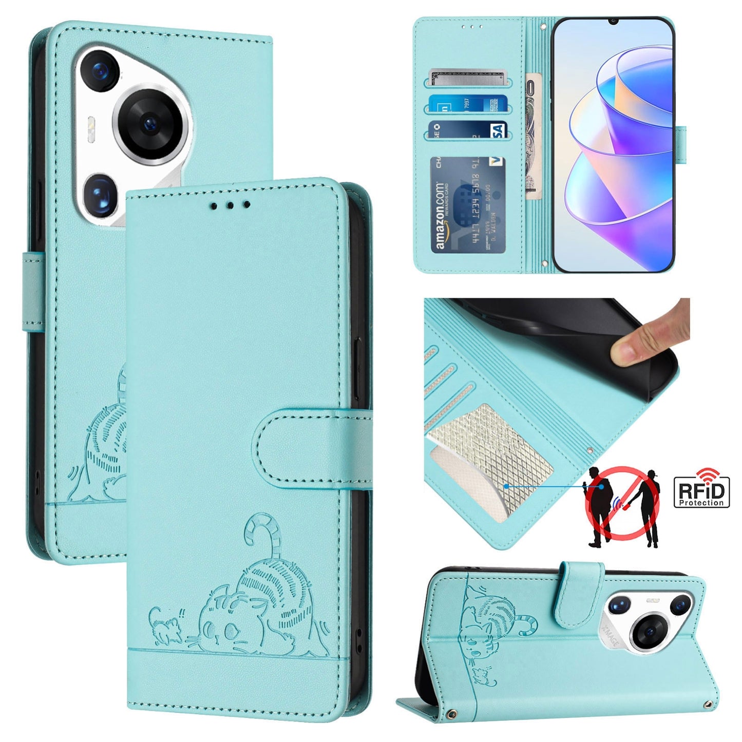 Huawei Pura 70 Pro Leather Phone Case with Cat and Rat Embossed Pattern, RFID Protection, Card Holder Slots, Anti-fall Feature & Lanyard