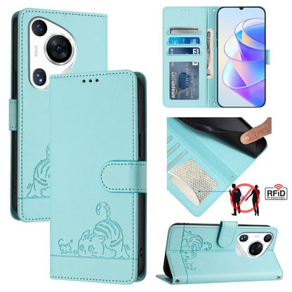 Huawei Pura 70 Pro Leather Phone Case with Cat and Rat Embossed Pattern, RFID Protection, Card Holder Slots, Anti-fall Feature & Lanyard