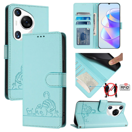 Huawei Pura 70 Pro Leather Phone Case with Cat and Rat Embossed Pattern, RFID Protection, Card Holder Slots, Anti-fall Feature & Lanyard