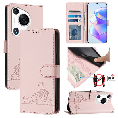 Huawei Pura 70 Pro Leather Phone Case with Cat and Rat Embossed Pattern, RFID Protection, Card Holder Slots, Anti-fall Feature & Lanyard