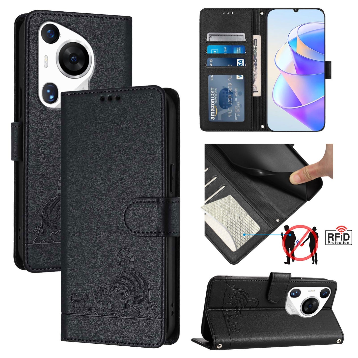 Huawei Pura 70 Pro Leather Phone Case with Cat and Rat Embossed Pattern, RFID Protection, Card Holder Slots, Anti-fall Feature & Lanyard