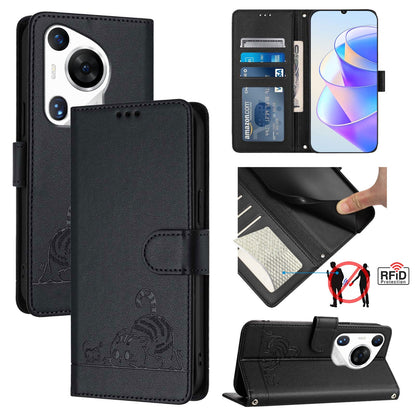 Huawei Pura 70 Pro Leather Phone Case with Cat and Rat Embossed Pattern, RFID Protection, Card Holder Slots, Anti-fall Feature & Lanyard