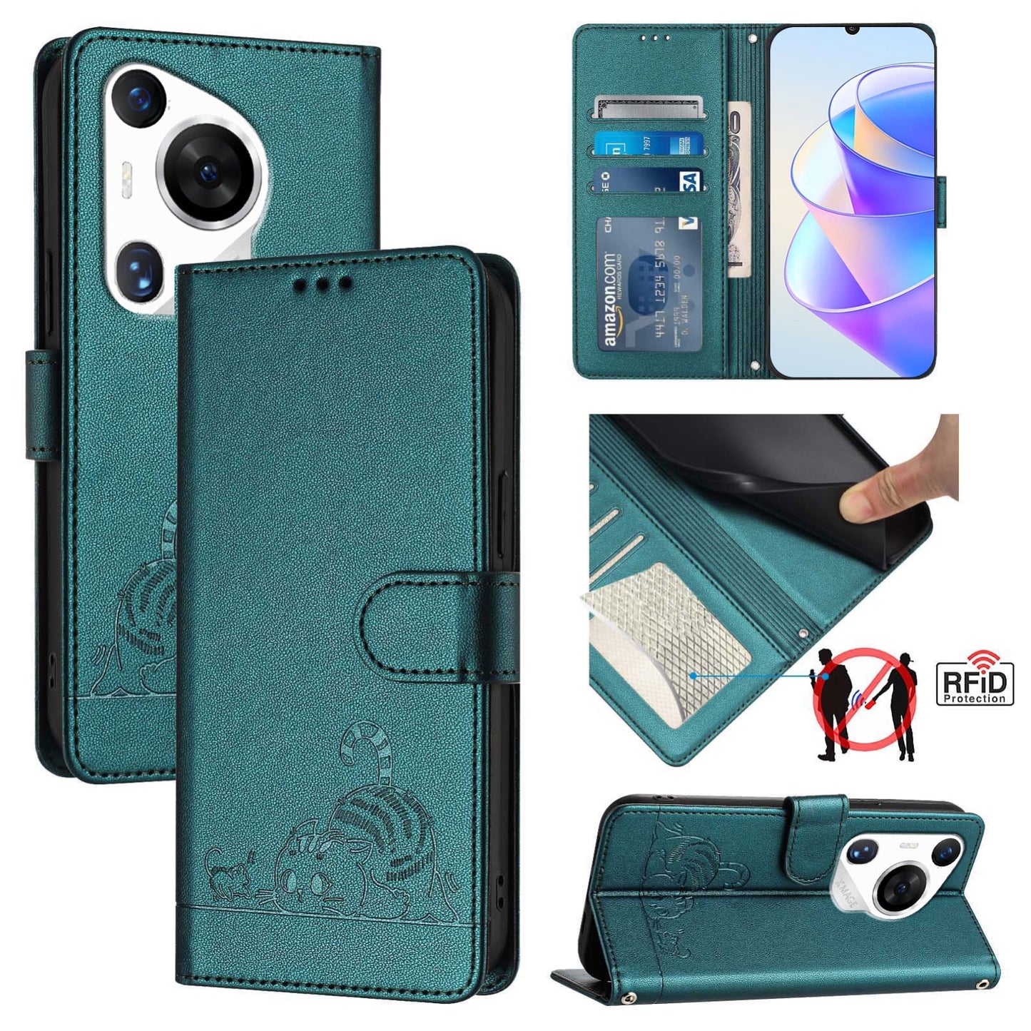 Huawei Pura 70 Pro Leather Phone Case with Cat and Rat Embossed Pattern, RFID Protection, Card Holder Slots, Anti-fall Feature & Lanyard