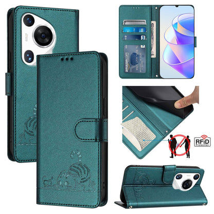 Huawei Pura 70 Pro Leather Phone Case with Cat and Rat Embossed Pattern, RFID Protection, Card Holder Slots, Anti-fall Feature & Lanyard