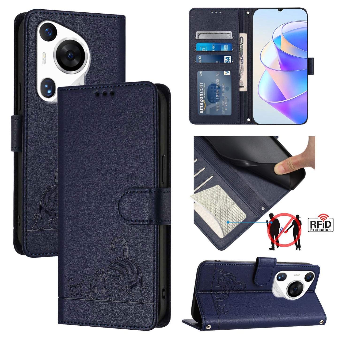 Huawei Pura 70 Pro Leather Phone Case with Cat and Rat Embossed Pattern, RFID Protection, Card Holder Slots, Anti-fall Feature & Lanyard