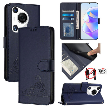 Huawei Pura 70 Pro Leather Phone Case with Cat and Rat Embossed Pattern, RFID Protection, Card Holder Slots, Anti-fall Feature & Lanyard