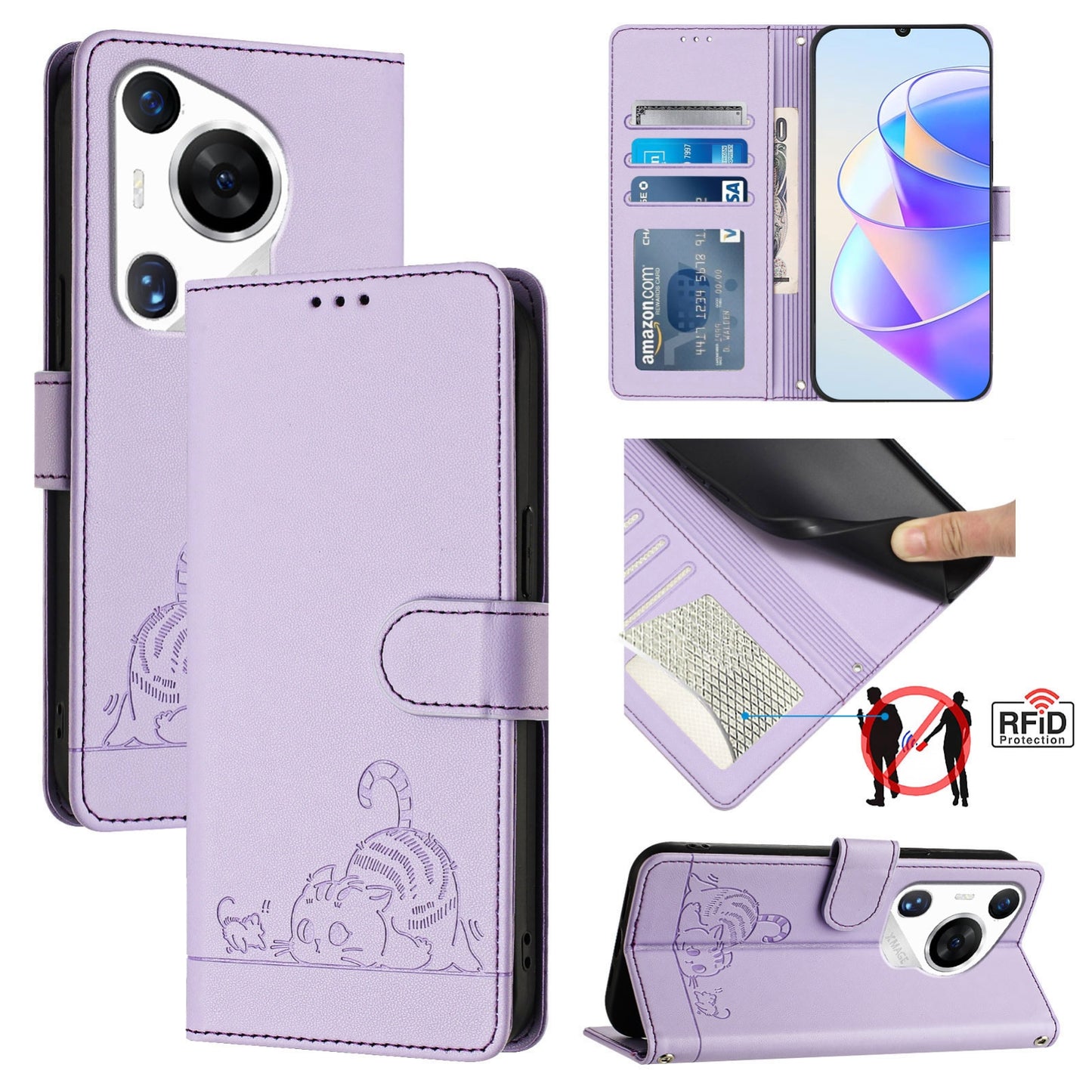 Huawei Pura 70 Pro Leather Phone Case with Cat and Rat Embossed Pattern, RFID Protection, Card Holder Slots, Anti-fall Feature & Lanyard