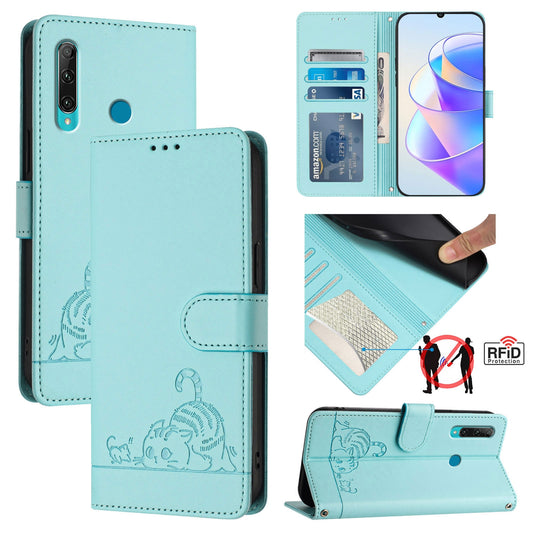 Huawei Enjoy 9s 4G Leather Phone Case with Cat and Rat Embossed Pattern, RFID Protection, Card Holder Slots, Anti-fall Feature & Lanyard