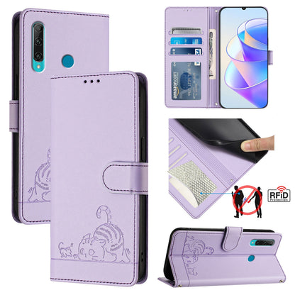 Huawei P Smart 2019 Leather Phone Case with Cat and Rat Embossed Pattern, RFID Protection, Card Holder Slots, Anti-fall Feature & Lanyard