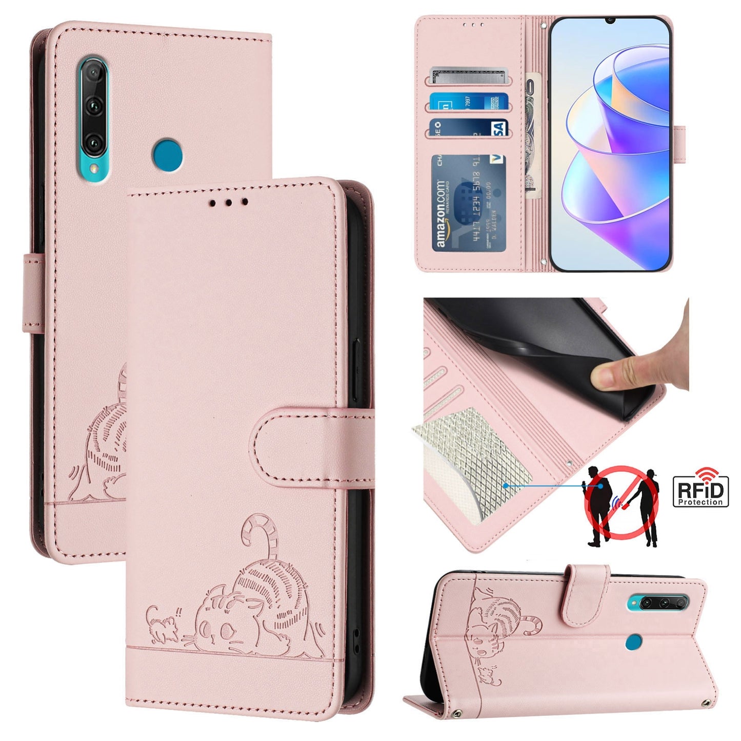 Huawei P Smart+ 2019 Leather Phone Case with Cat and Rat Embossed Pattern, RFID Protection, Card Holder Slots, Anti-fall Feature & Lanyard