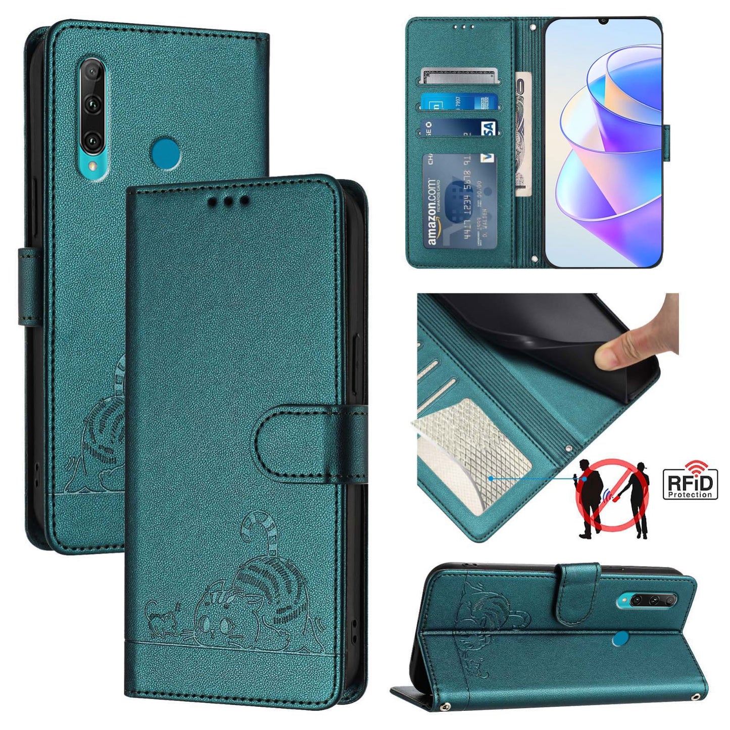 Huawei P Smart+ 2019 Leather Phone Case with Cat and Rat Embossed Pattern, RFID Protection, Card Holder Slots, Anti-fall Feature & Lanyard