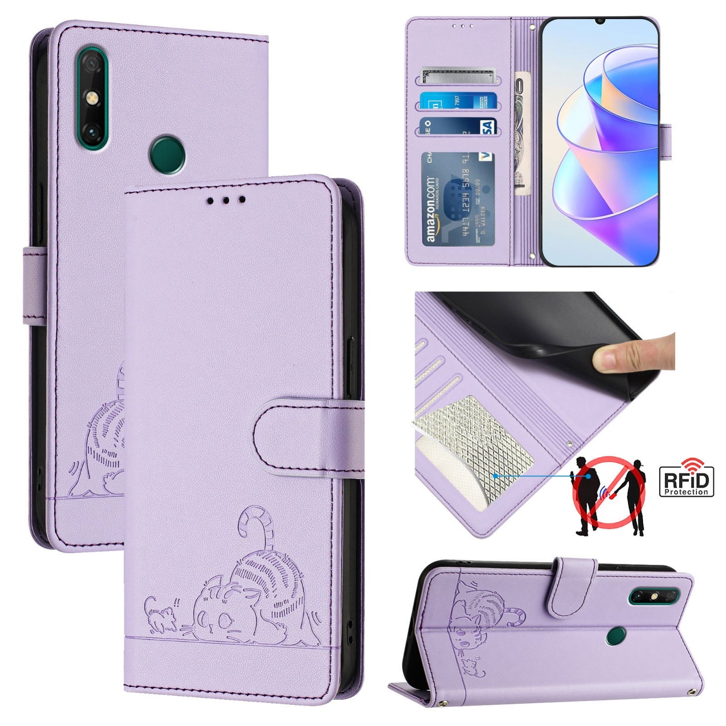 Huawei Enjoy 20 SE Leather Phone Case with Cat and Rat Embossed Pattern, RFID Protection, Card Holder Slots, Anti-fall Feature & Lanyard