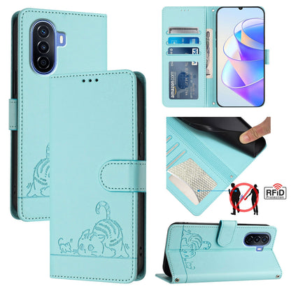 Huawei Enjoy 50 4G Leather Phone Case with Cat and Rat Embossed Pattern, RFID Protection, Card Holder Slots, Anti-fall Feature & Lanyard