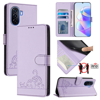Huawei Enjoy 50 4G Leather Phone Case with Cat and Rat Embossed Pattern, RFID Protection, Card Holder Slots, Anti-fall Feature & Lanyard