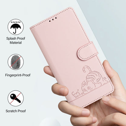 Huawei nova Y70 Plus Leather Phone Case with Cat and Rat Embossed Pattern, RFID Protection, Card Holder Slots, Anti-fall Feature & Lanyard