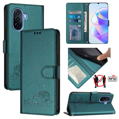 Huawei nova Y70 Plus Leather Phone Case with Cat and Rat Embossed Pattern, RFID Protection, Card Holder Slots, Anti-fall Feature & Lanyard