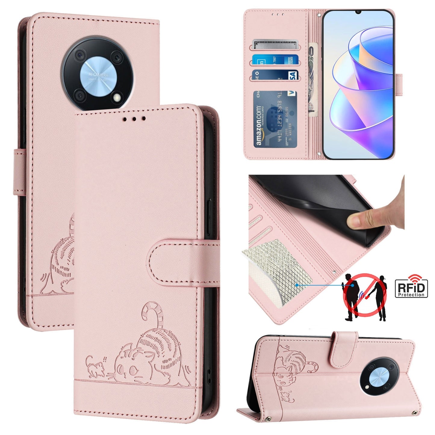 Huawei Enjoy 50 Pro 4G Leather Phone Case with Cat and Rat Embossed Pattern, RFID Protection, Card Holder Slots, Anti-fall Feature & Lanyard
