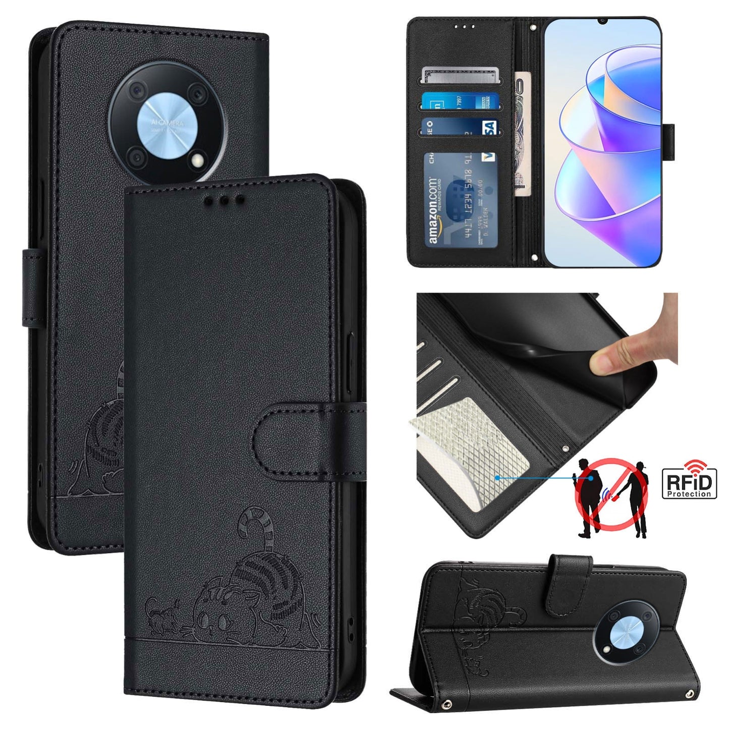 Huawei Enjoy 50 Pro 4G Leather Phone Case with Cat and Rat Embossed Pattern, RFID Protection, Card Holder Slots, Anti-fall Feature & Lanyard