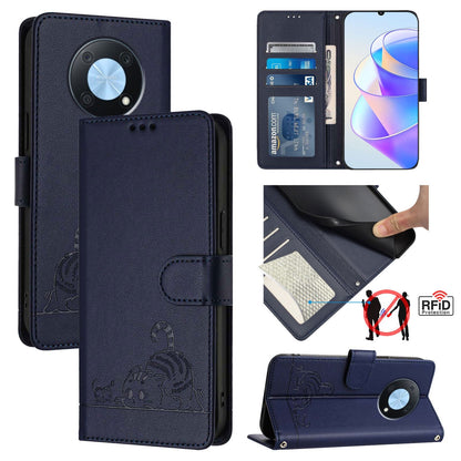 Huawei Enjoy 50 Pro 4G Leather Phone Case with Cat and Rat Embossed Pattern, RFID Protection, Card Holder Slots, Anti-fall Feature & Lanyard