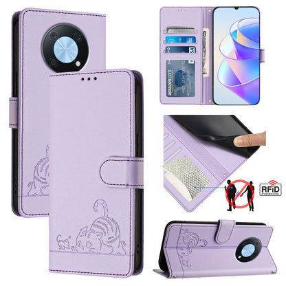 Huawei Enjoy 50 Pro 4G Leather Phone Case with Cat and Rat Embossed Pattern, RFID Protection, Card Holder Slots, Anti-fall Feature & Lanyard
