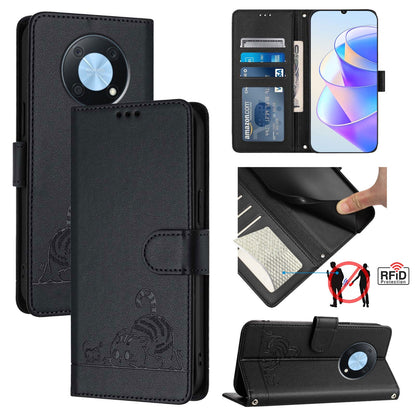 Huawei nova Y90 Leather Phone Case with Cat and Rat Embossed Pattern, RFID Protection, Card Holder Slots, Anti-fall Feature & Lanyard