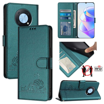 Huawei nova Y90 Leather Phone Case with Cat and Rat Embossed Pattern, RFID Protection, Card Holder Slots, Anti-fall Feature & Lanyard