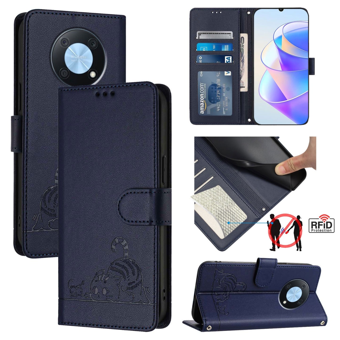 Huawei nova Y90 Leather Phone Case with Cat and Rat Embossed Pattern, RFID Protection, Card Holder Slots, Anti-fall Feature & Lanyard