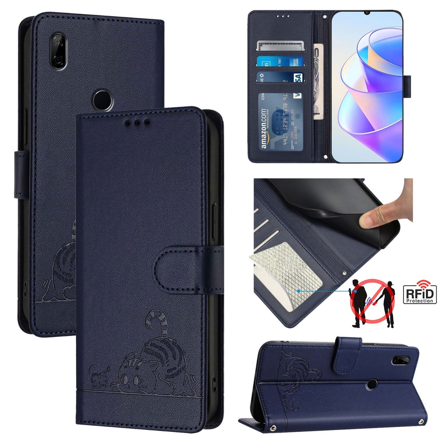 Huawei P Smart Z Leather Phone Case with Cat and Rat Embossed Pattern, RFID Protection, Card Holder Slots, Anti-fall Feature & Lanyard